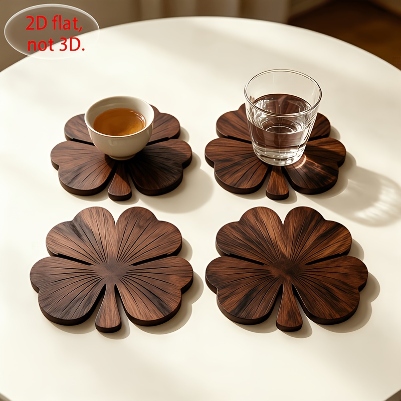 Coffee Tea And Sugar Set - 4Pcs 2D Flat Clover Wooden Coasters,