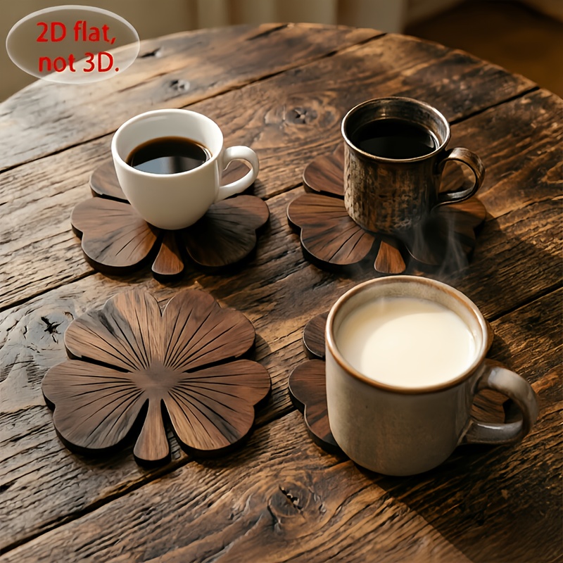4Pcs 2D Flat Clover Wooden Coa - Coffee Tea And Sugar Set ulasan dan harga